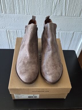 Lucky Brand Taupe Snake-Texture Zip Ankle Booties